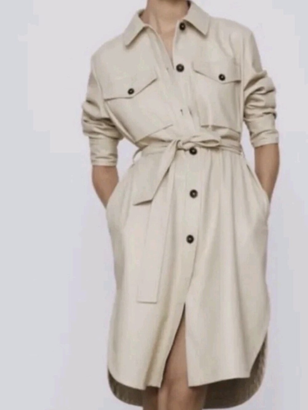 Cream Button-Front Shirt Dress with Tie Waist